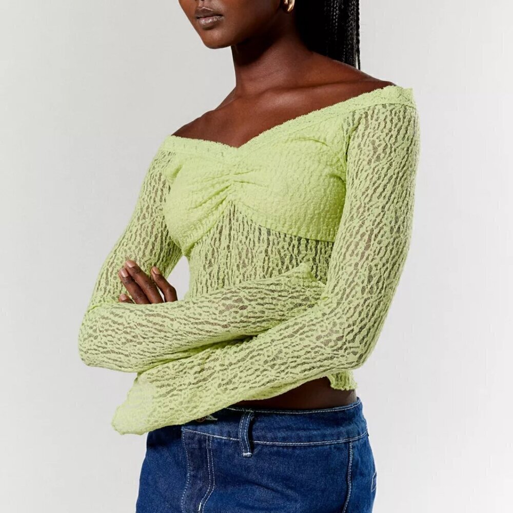 NWT UO Silence + Noise Delphine Lime Green Sheer Lace Top